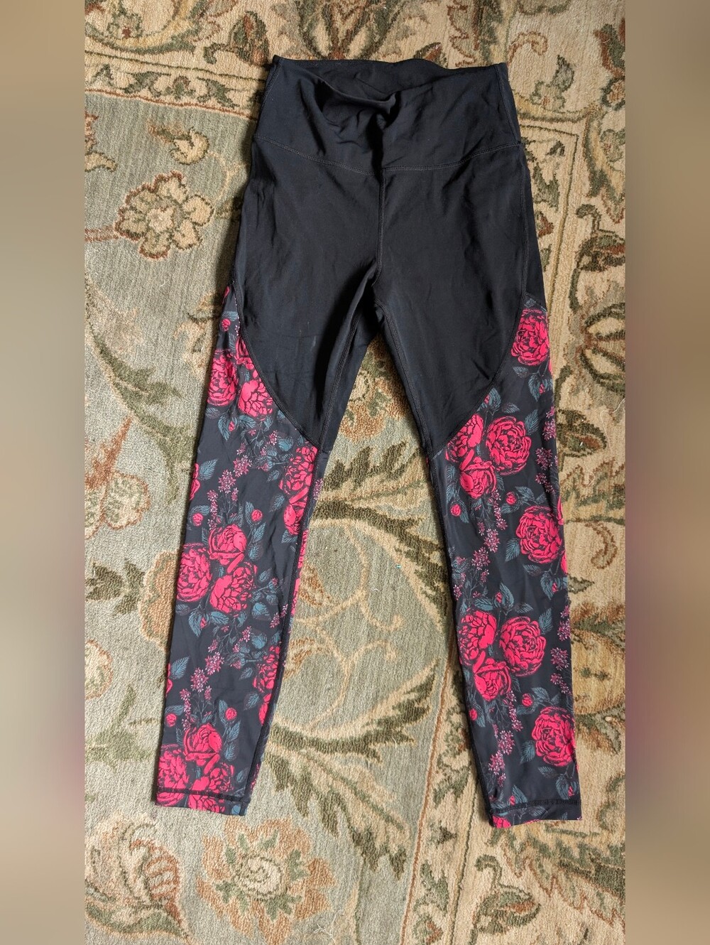 ZYIA Black Leggings with Red Rose Floral Panels